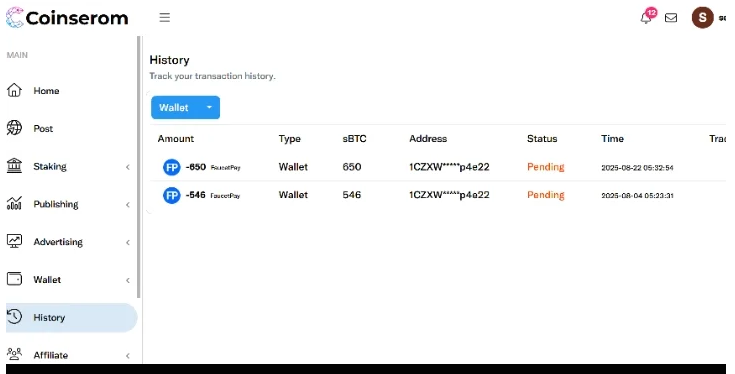 Coinserom ad network withdraw not received from 3 week